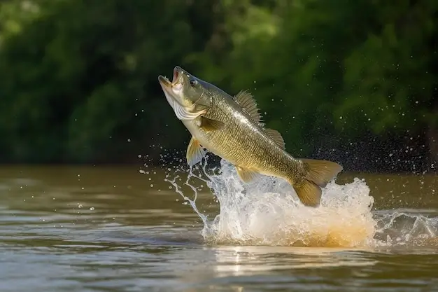 A largemouth bass jumping out of the water.
