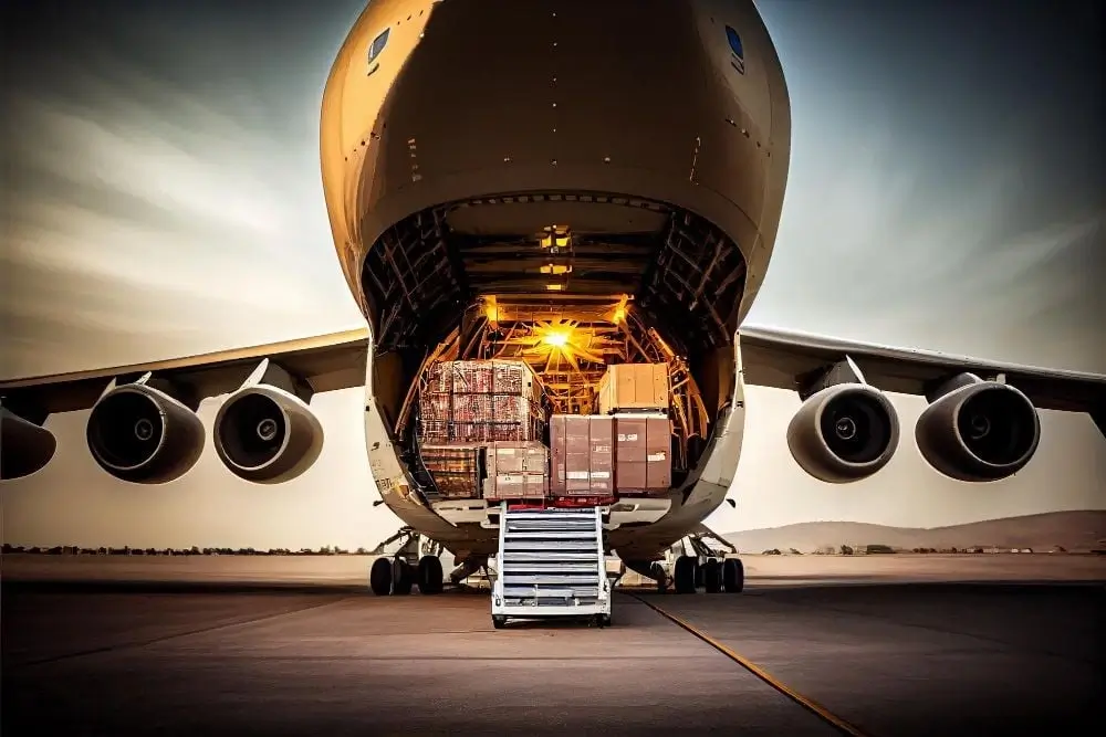 A cargo plane flying over the ocean, representing international shipping capabilities.